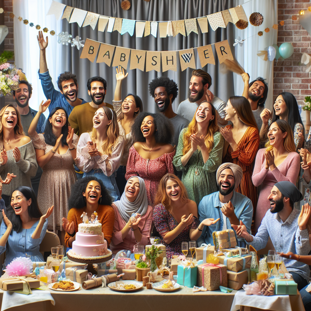 Baby shower celebration with guests and decorations