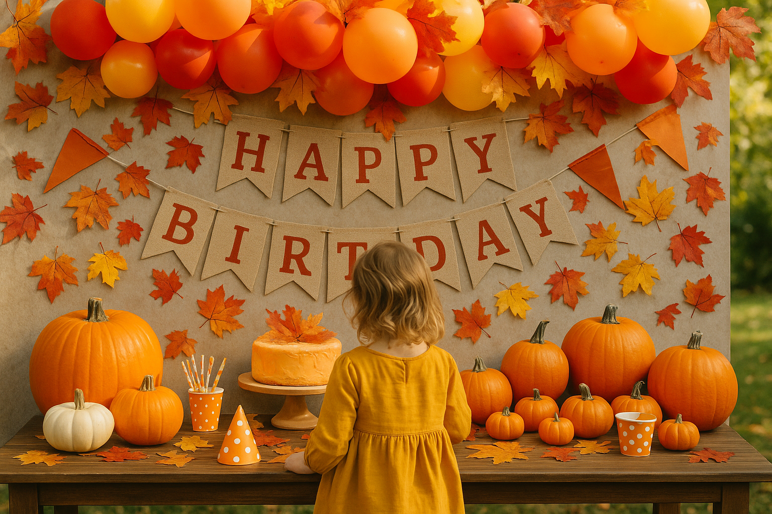 Fall birthday party ideas for kids with pumpkins and autumn leaves