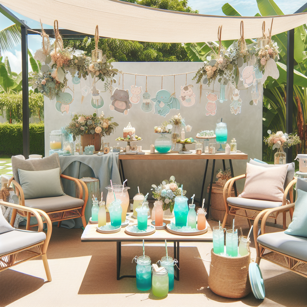 Summer baby shower setup with cool drinks and decorations