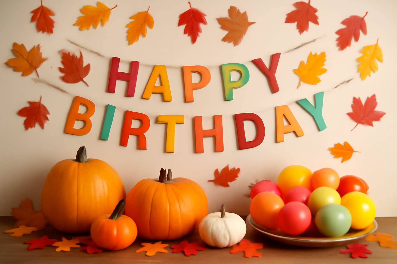 Fall birthday party ideas for kids featuring pumpkins and autumn leaves.