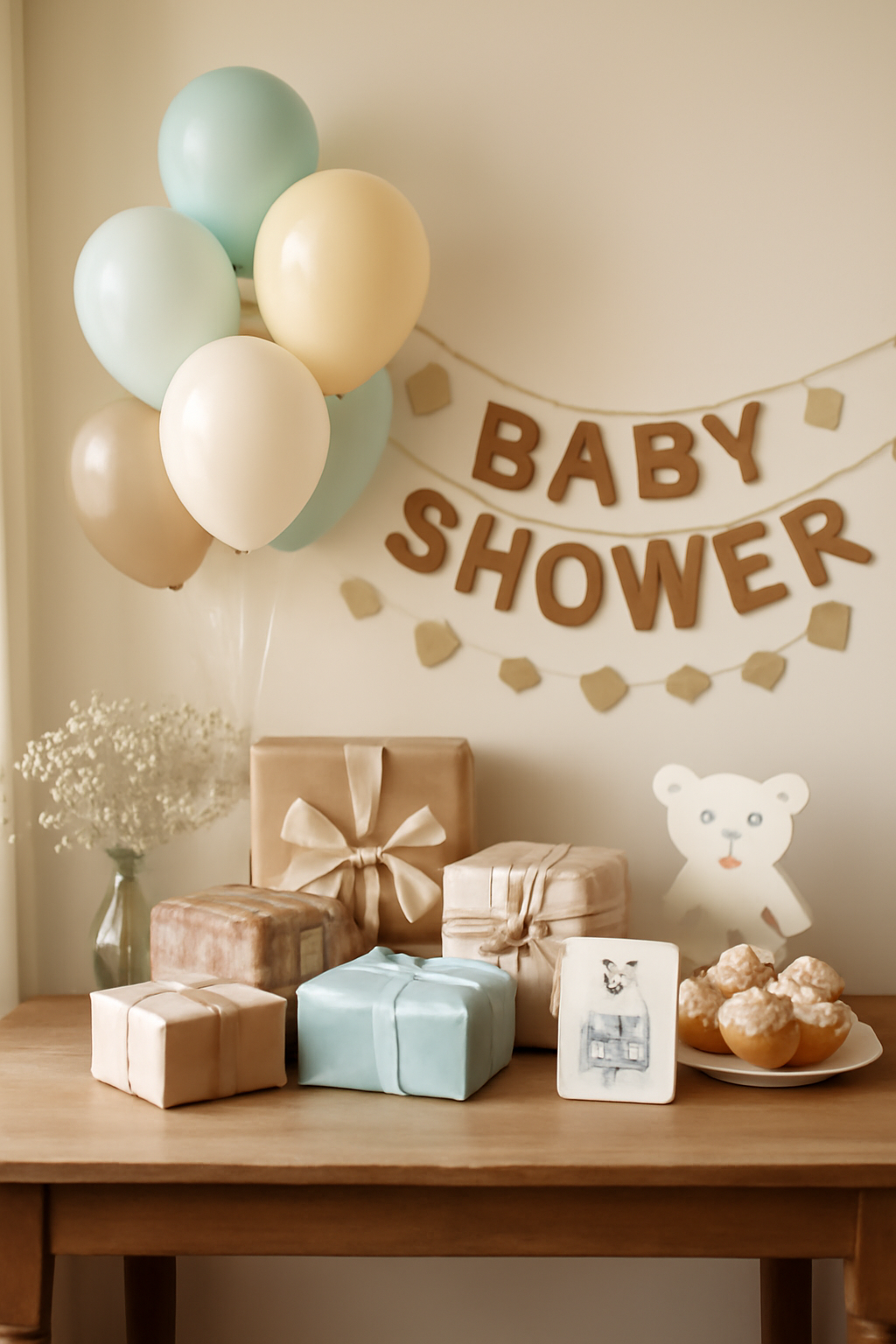 Baby shower decorations with gifts and balloons