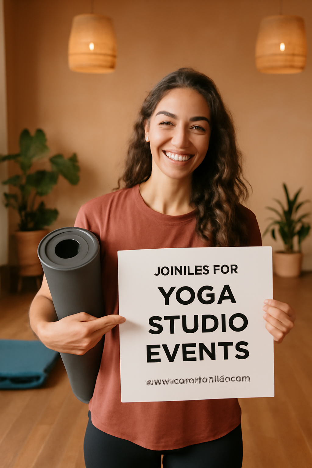 Yoga instructor promoting studio events in a vibrant setting.