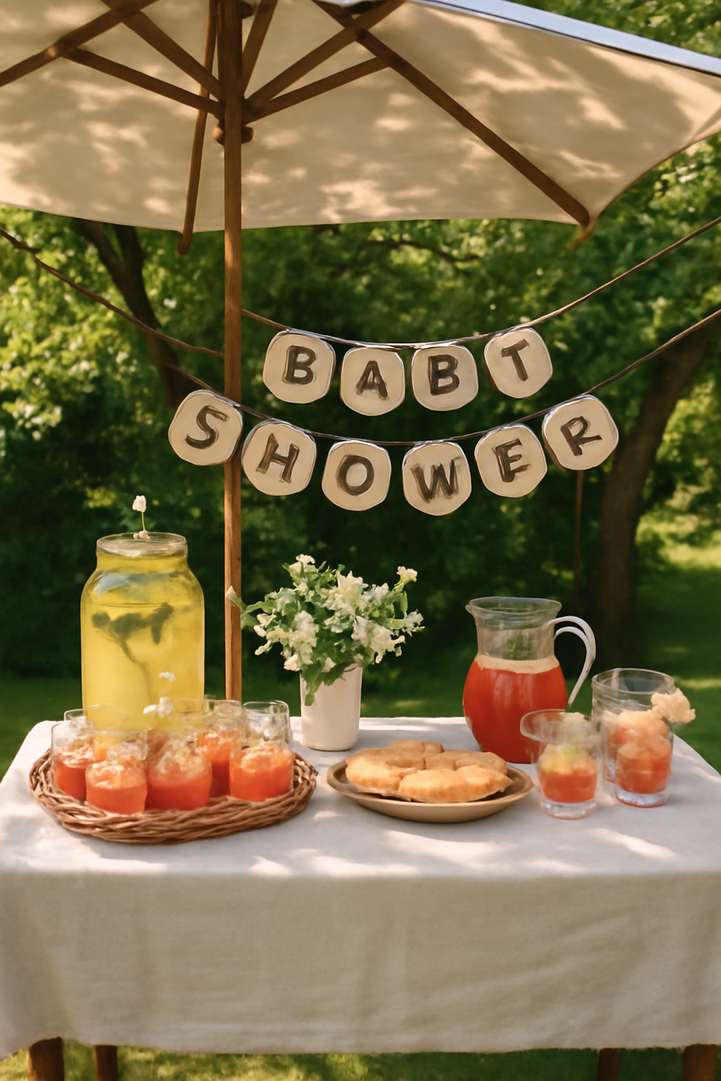 Refreshing summer baby shower setup with shade and cool drinks