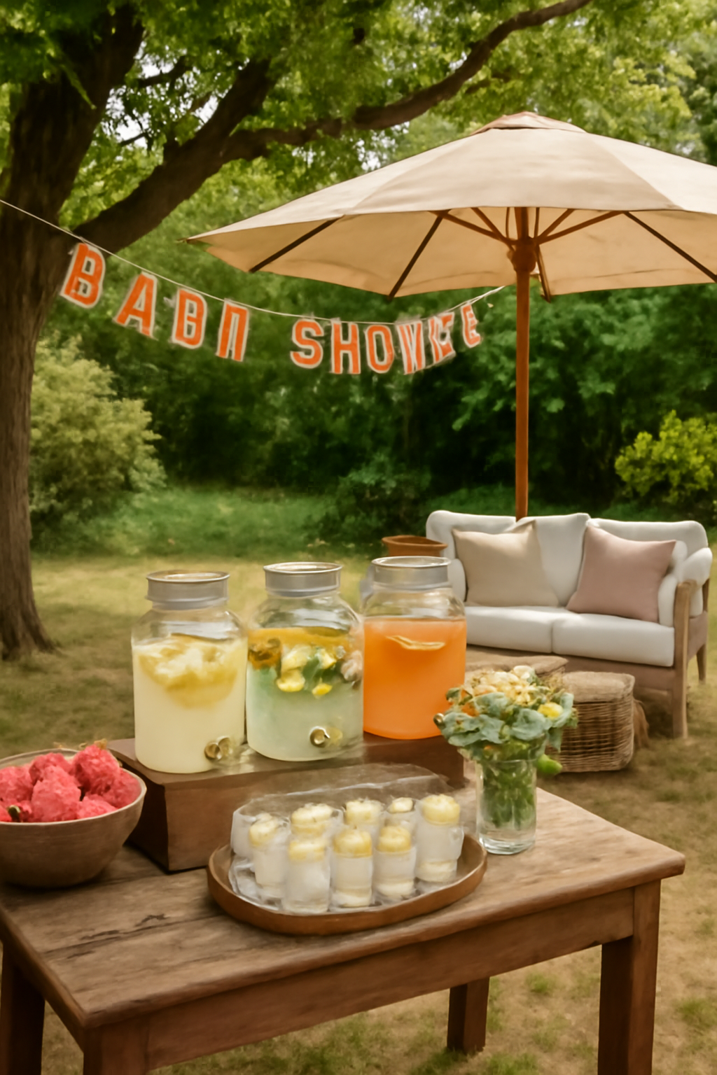 Summer baby shower ideas with cooling refreshments and shaded seating